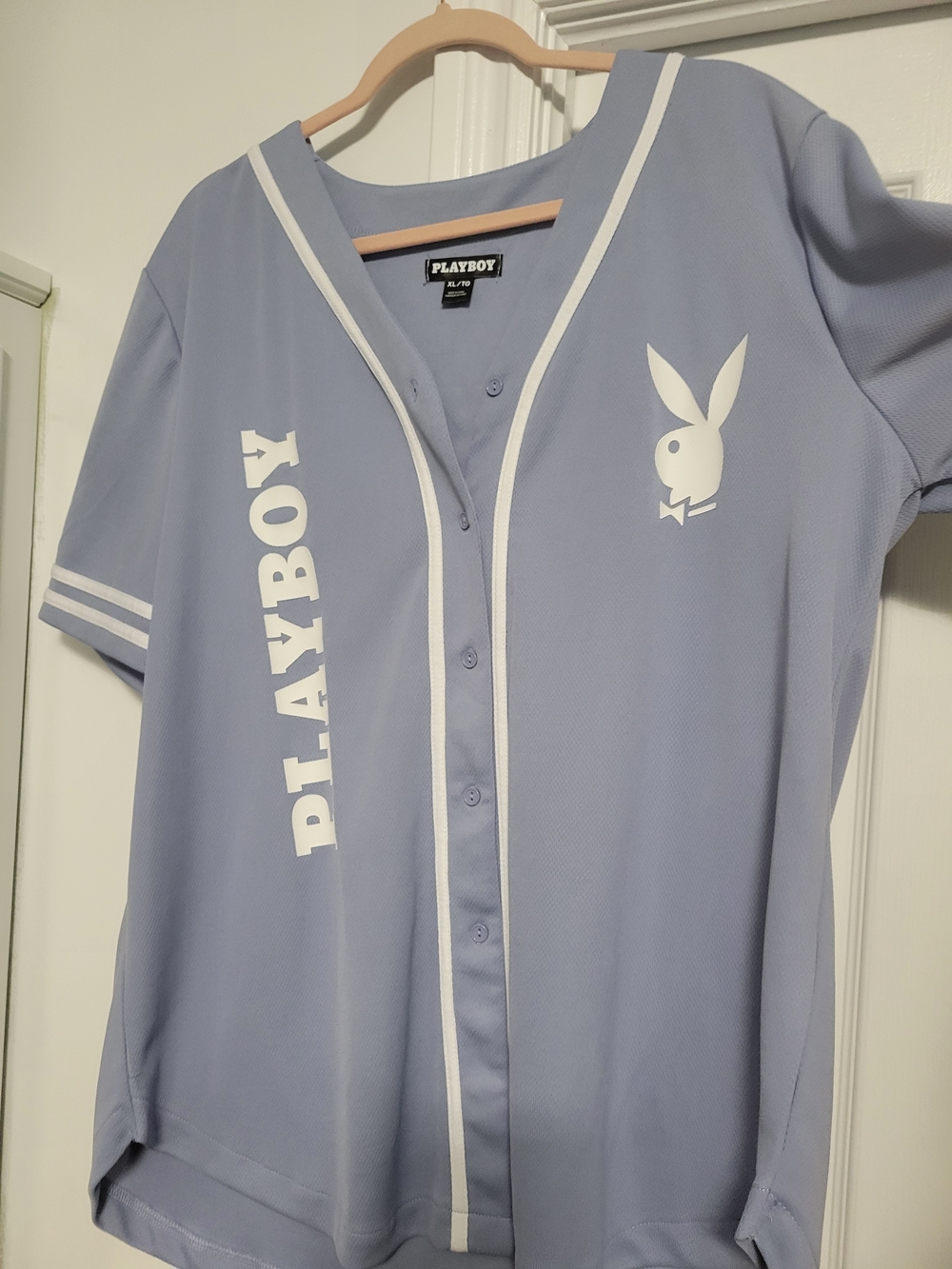 NWOT PLAYBOY WOMEN Pale Blue Button-Front Baseball Jersey with White Logo